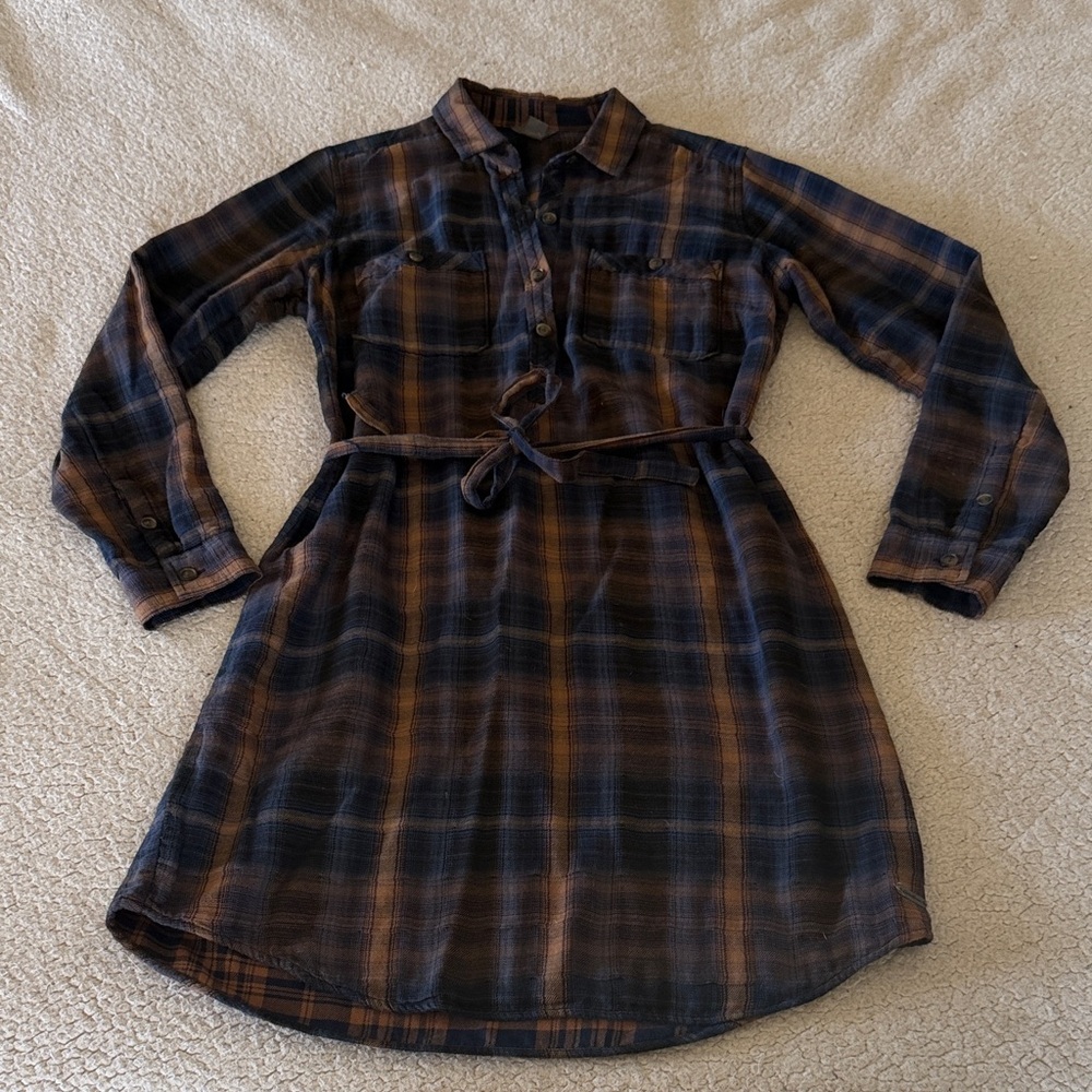 Eddie Bauer 100% Cotton Navy & Brown Plaid Midi Shirt Cottage core Dress 8